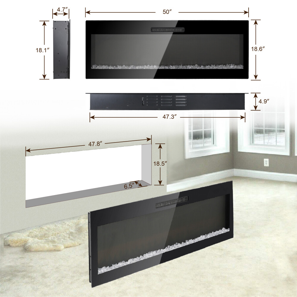 50 Inch Electric Fireplace Recessed and Wall Mounted - Timer, Remote Control