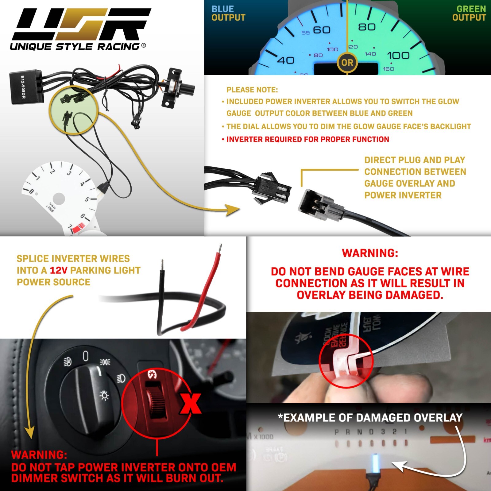BLUE/GREEN Glow Gauge White Overlay For 99-04 Ford Mustang V6 120MPH Cluster