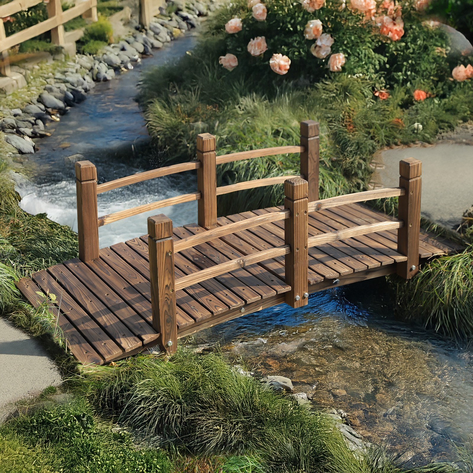 5Ft Garden Bridge Yard Decoration Wooden Arch Bridge Outdoor Pond w/ Railings