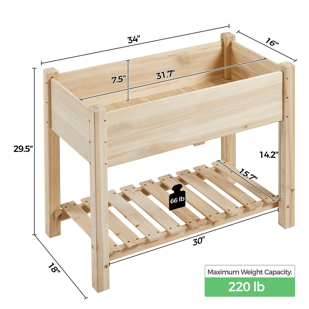 34"×18"×29.5" Raised Garden Planter Elevated Wood Bed with Bottom Shelf for