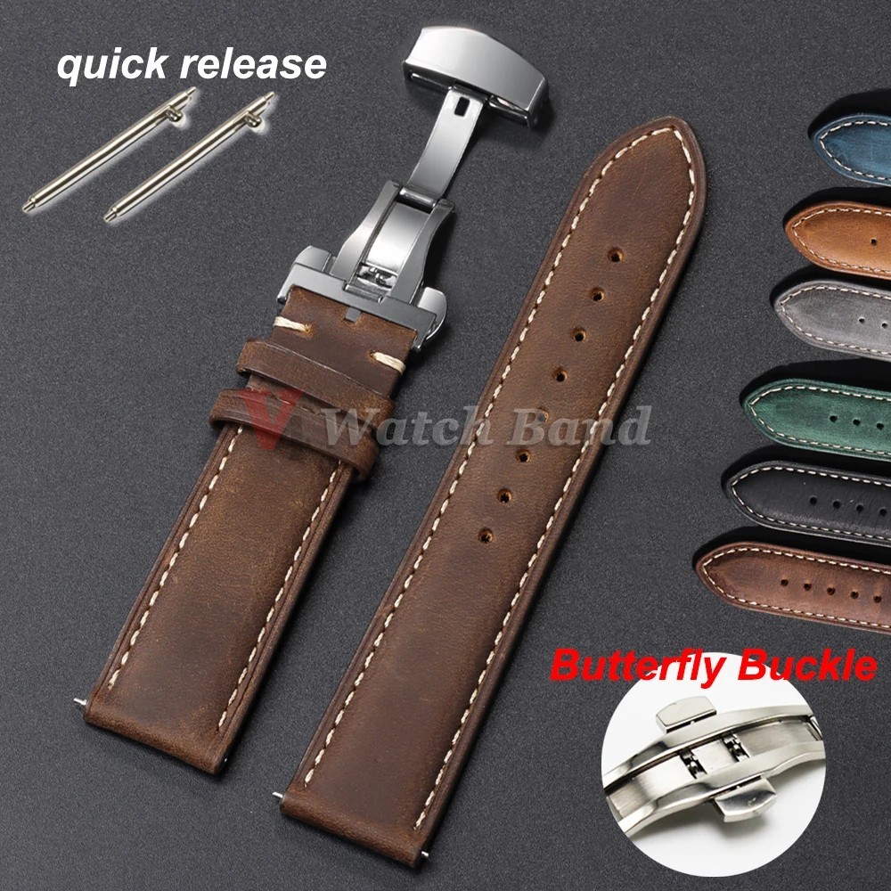 Genuine Calfskin Leather Watch Band 18mm 20mm 22mm 24mm Butterfly Buckle Strap