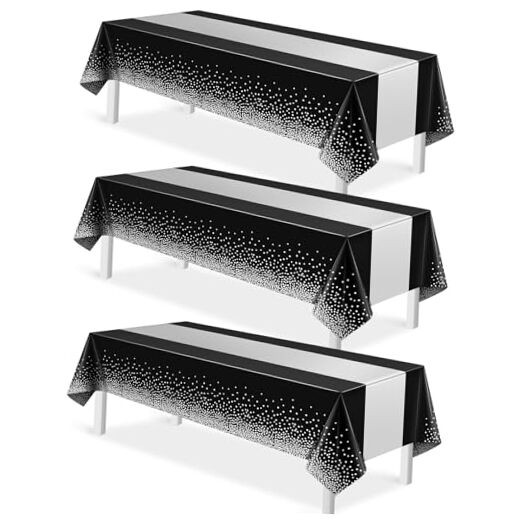 3Pcs Black and Silver Tablecloth Party Decorations,Plastic 3 Pack Black Silver