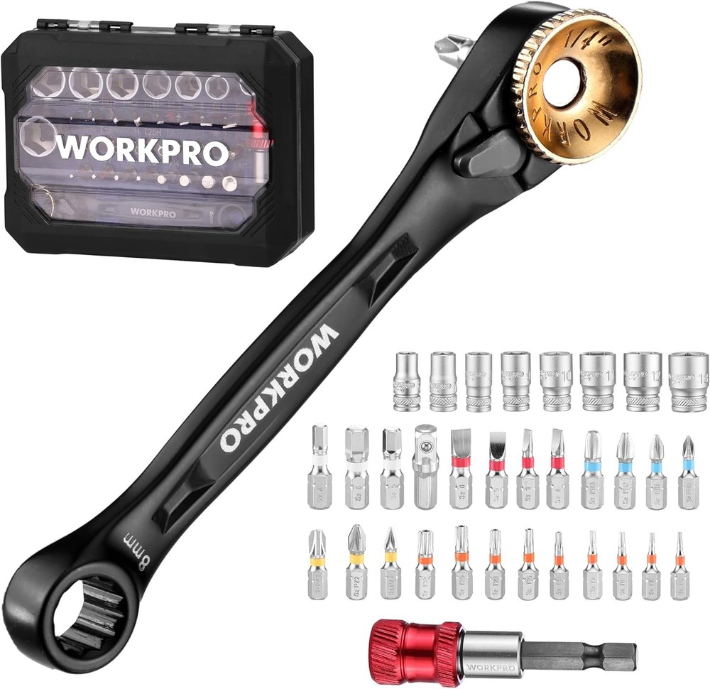 WORKPRO 34PC Low Profile Ratchet Wrench Offset Ratcheting Screwdriver Bit Socket