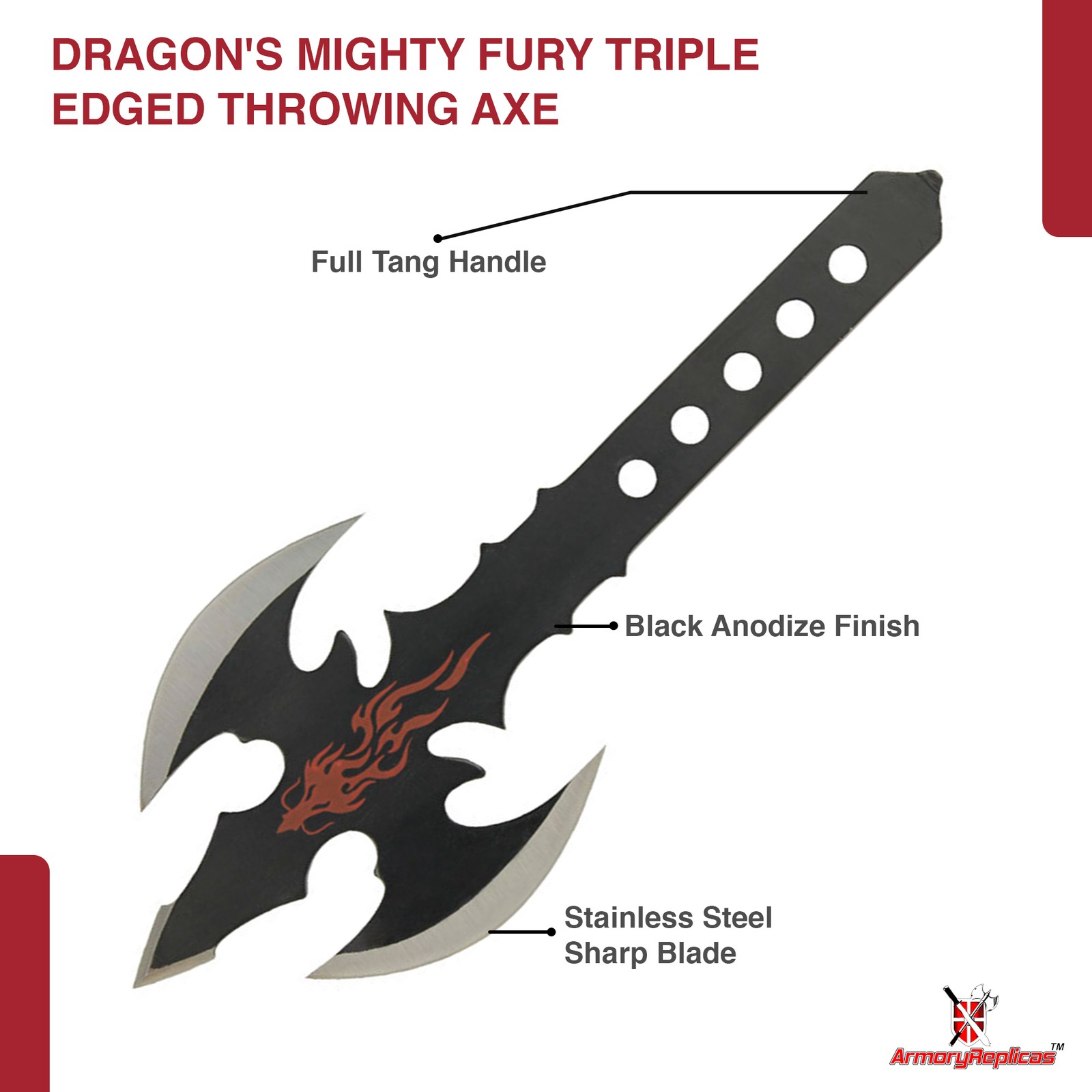 Dragon’s Mighty Fury Triple Edged Throwing Axe Tactical Stainless Steel Hatchet