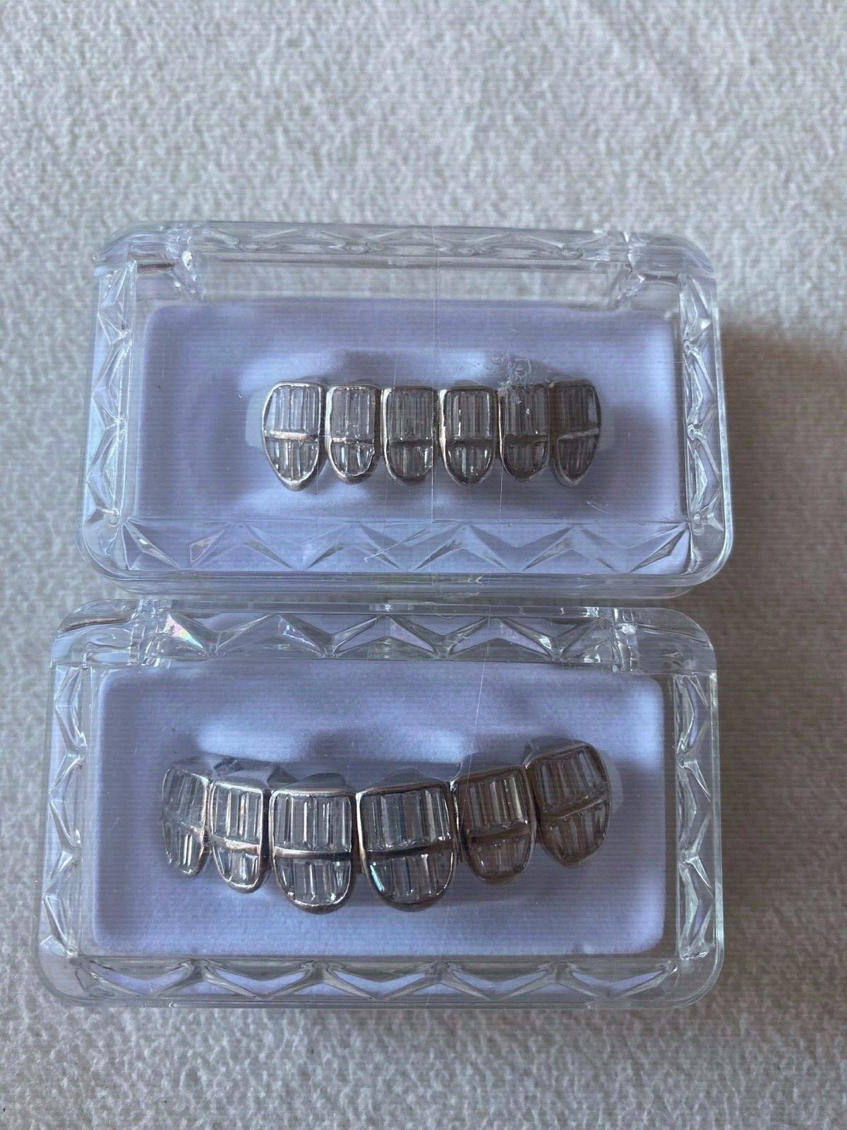 Real 925 Sterling Silver ICED Baguette Rapper GRILLZ Teeth Top & Bottom Set ICY