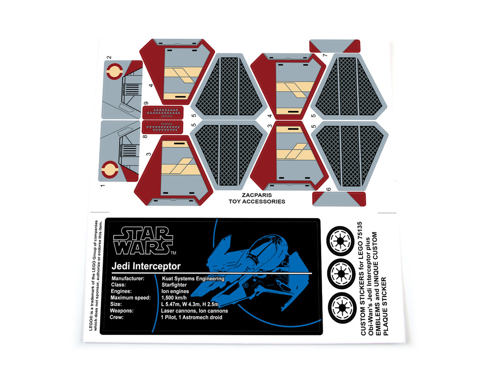 CUSTOM STICKERS for Set 75135 Obi-Wan's Jedi Interceptor , MODELS, Etc + EXTRAS
