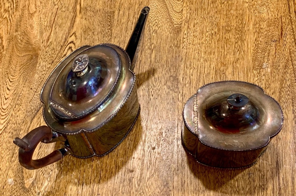 Antique Silver-Plated Hinged Tea Pot and Tea/Sugar Container