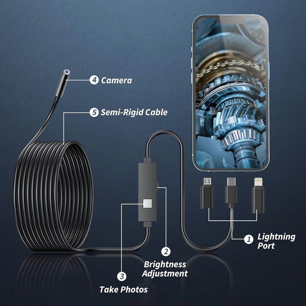 Endoscope Camera with Light, 1920P HD Borescope Tools with 8 Adjustable LED Ligh