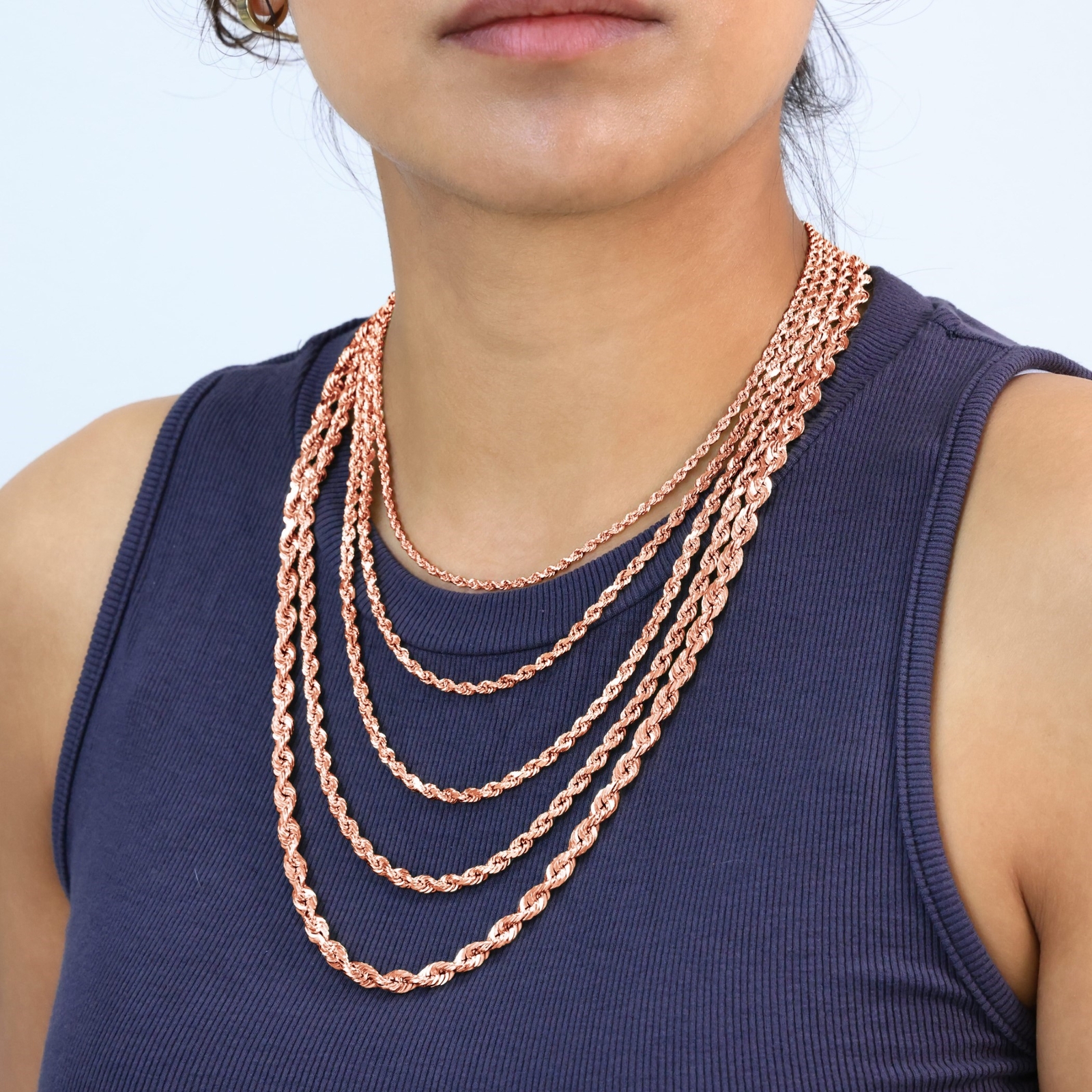 10K Rose Gold 1.5mm-6mm Diamond Cut Rope Chain Necklace Mens Womens 16"-30"