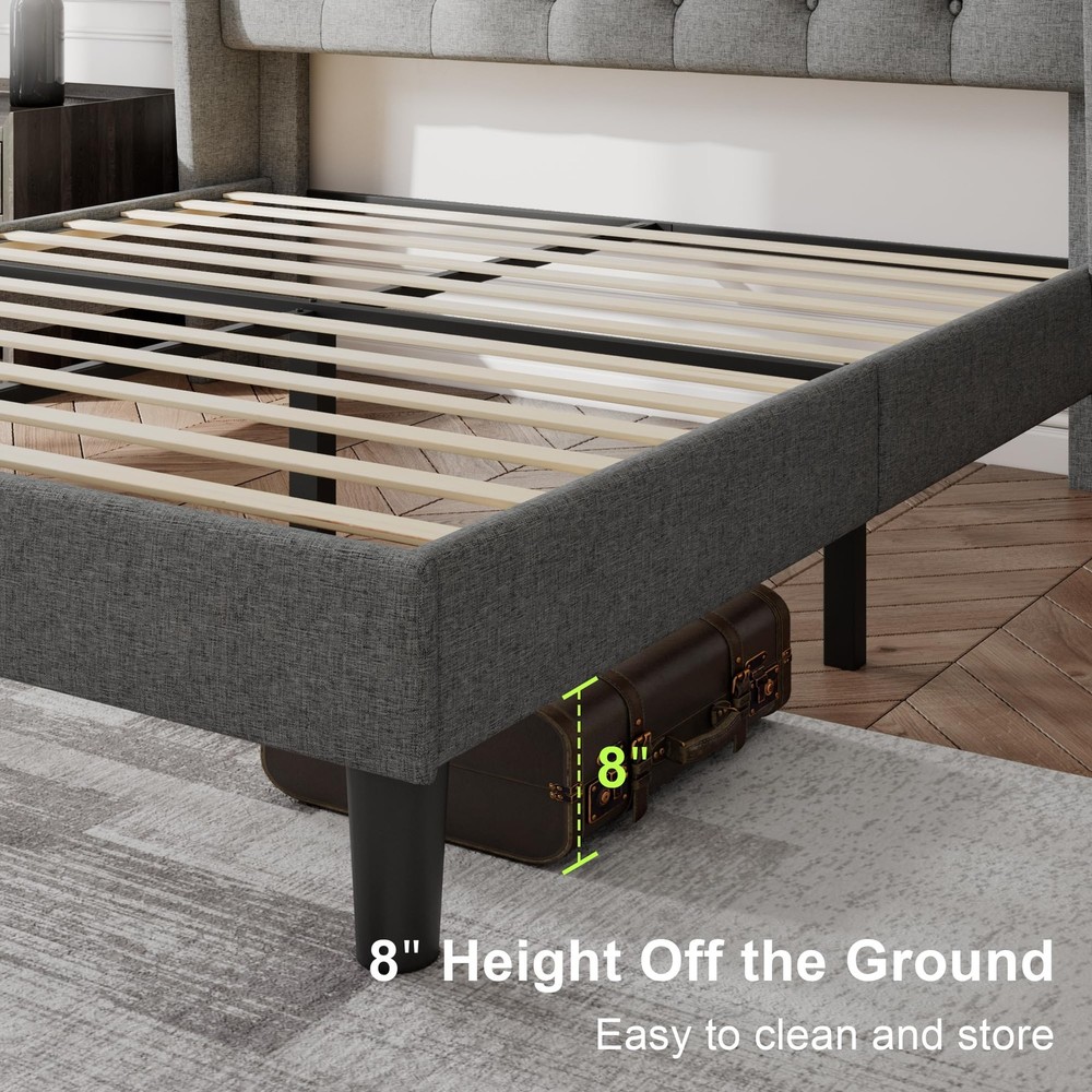 Stylish Full Size Bed Frame with Upholstered Wingback Headboard - Light Gray