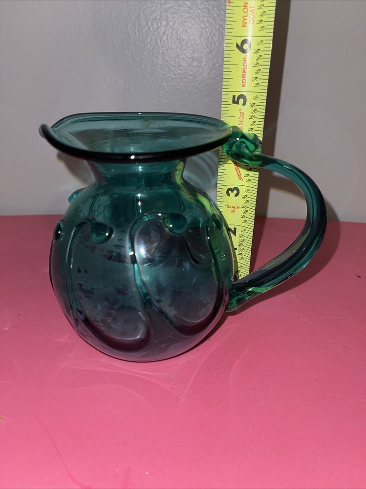 Hand Blown Blue Glass Pitcher Wave Pattern 5”