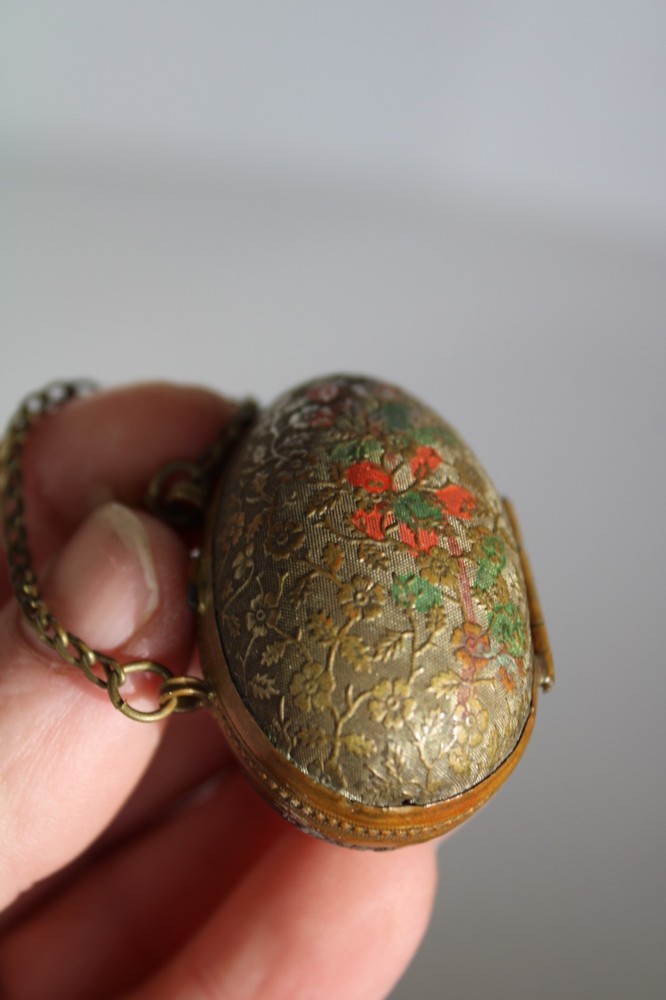 Antique 19th Century Painted Brass Egg Chatelaine Thimble Case w/ (2) Thimbles