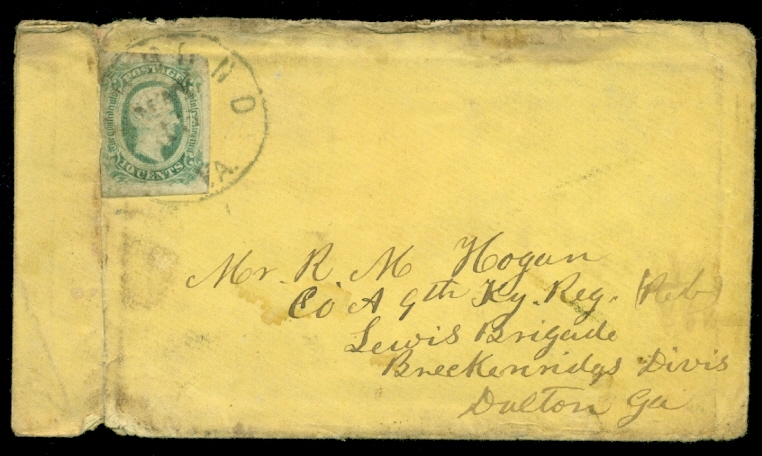 1860’s Confederate cover Virginia to Dalton GA, w/10¢ GREEN (#12e), Scott $750