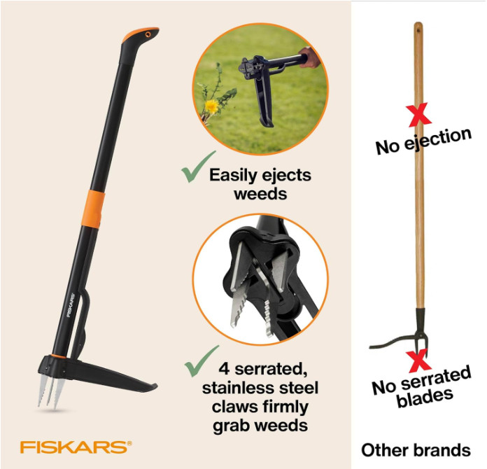 Fiskars 4Claw Stand Up Weed Puller Tool, Gardening Hand Weeding Tool with 39" B0