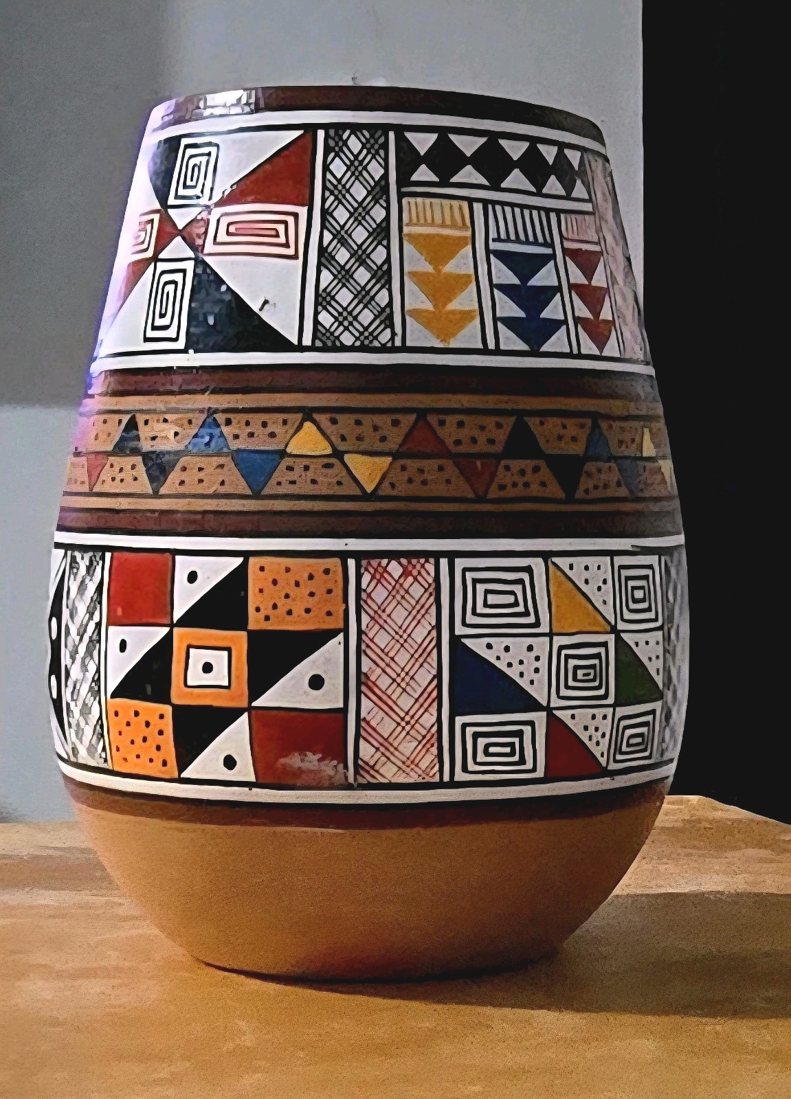 POTTERY "PERUVIAN" (QUERO) VTG HAND-PAINTED COLORFUL CEREMONY POTTERY 7" inch