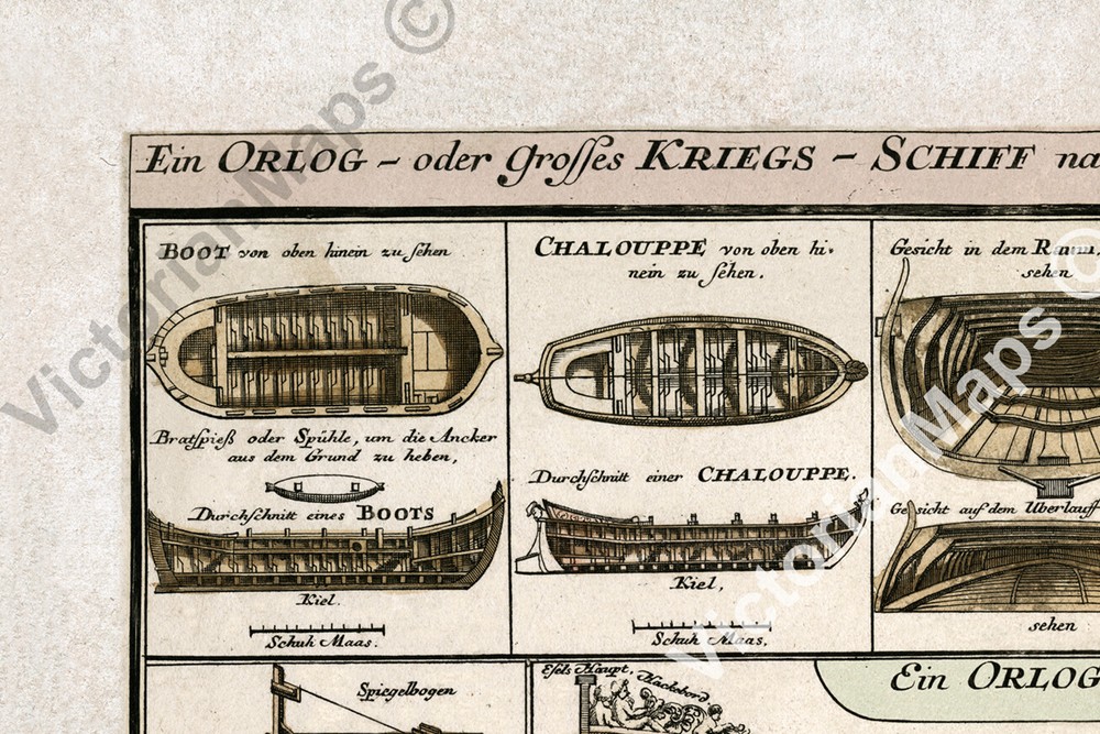 Sailing war ship section rigging chart construction plan Seutter 1740 art poster