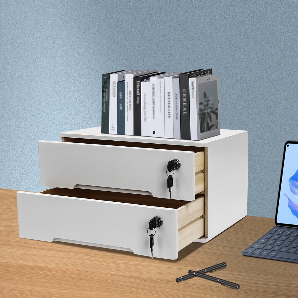 Compact Wooden 2-Drawer Desk Organizer Cabinet - Lockable Storage Solution