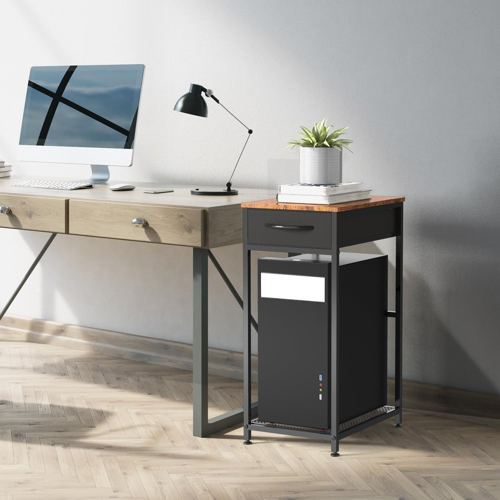 Computer Tower Stand PC with Storage Drawer 2 Tier Wood Brown