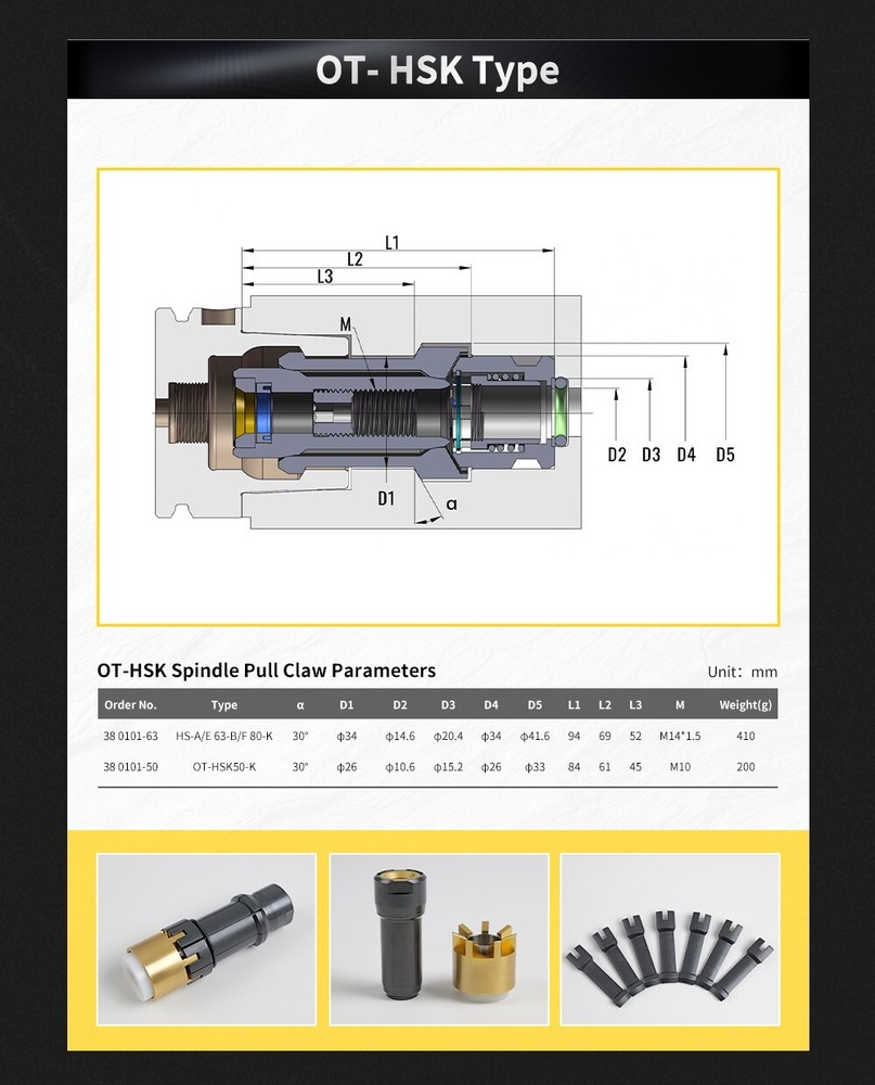 SFX OT-HSK50-K Clamping Spindle Pull Claw for Pull Stud Lock Tighter
