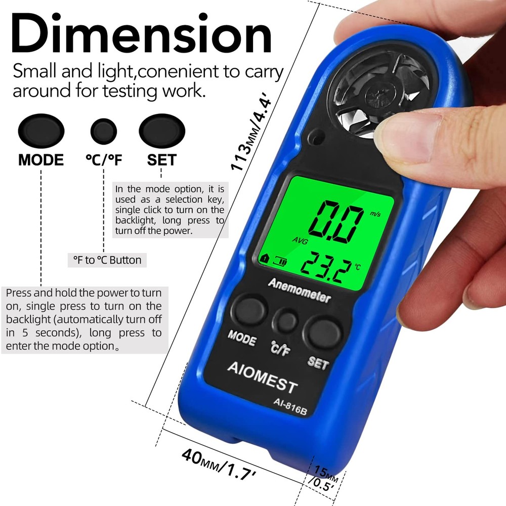Digital Anemometer, Mini Wind Speed Meter Air Flow Gauge Measuring Wind Veloc...