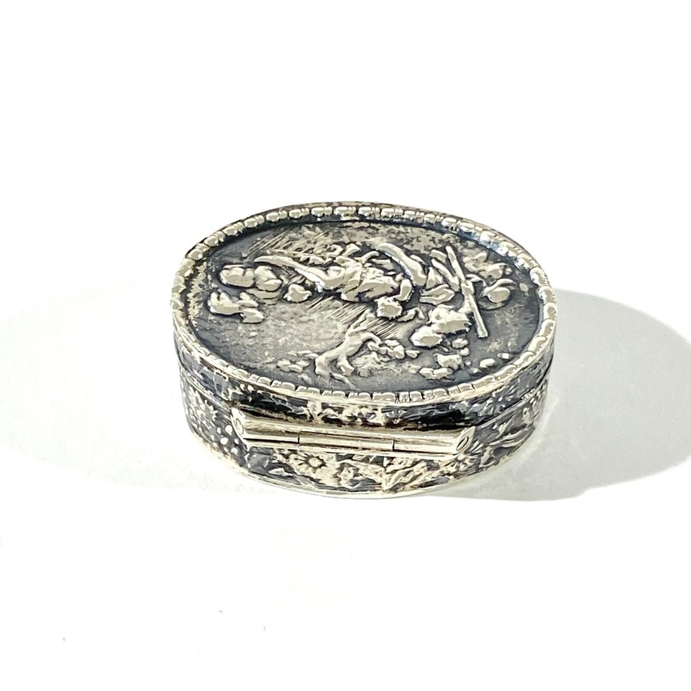 Antique Solid Silver Italian Pillbox , Hallmarked with romantic scene