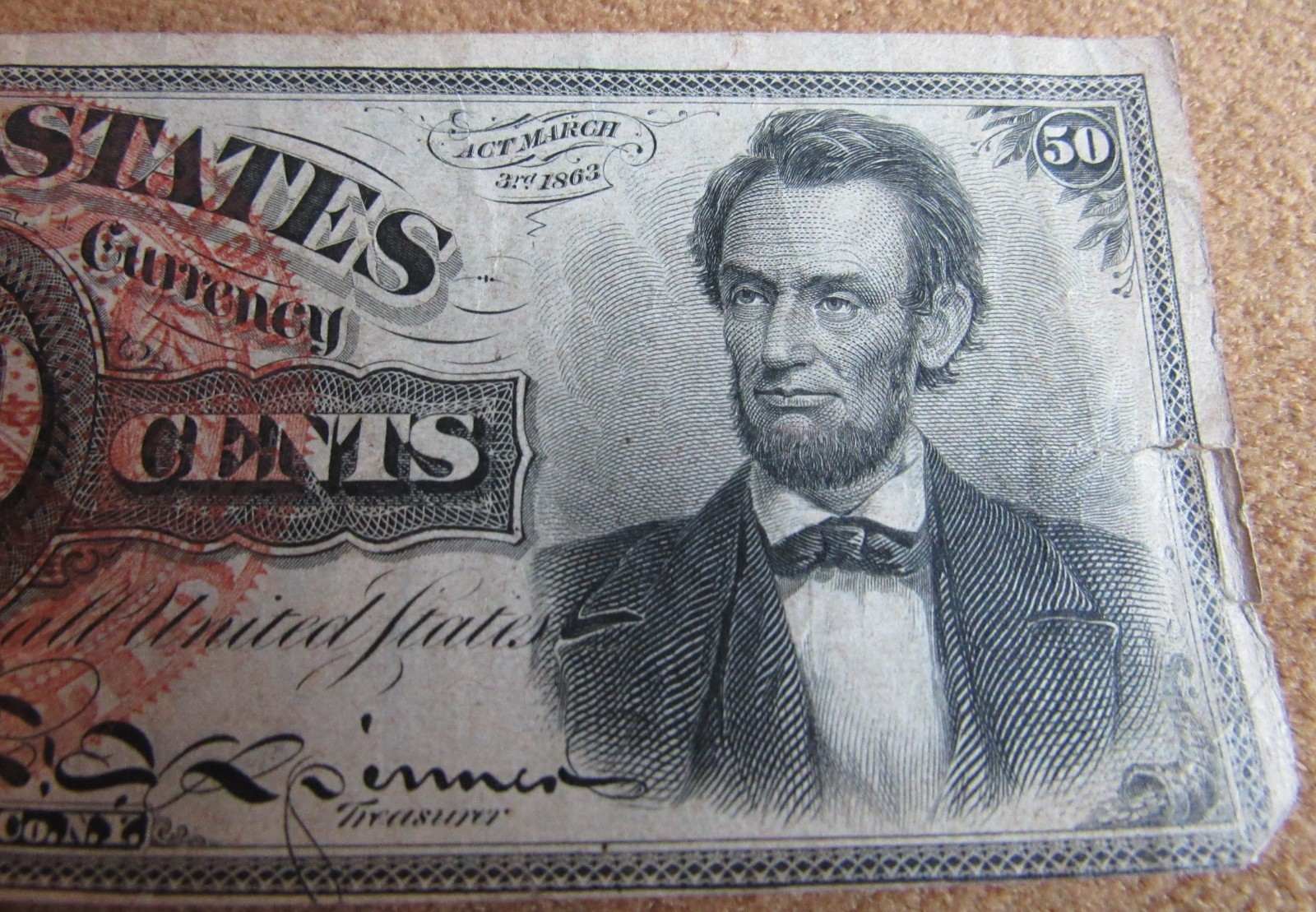 Civil War 1863 US Fractional Currency Note Abe Lincoln Fifty Cents 50