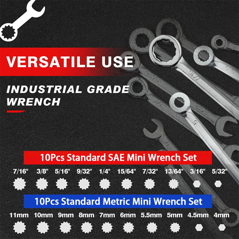 20PCS Small Combination Wrench Set Spanner Open & Box End Tools Metric SAE Mini