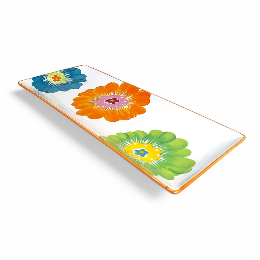 Fresh Decor Ceramic Big Bright Floral Serving Platter Rectangular Flowers 18x7
