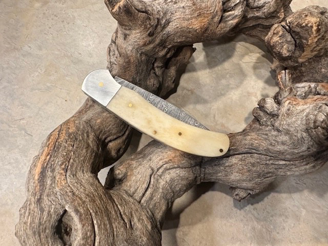 Big Damascus folding blade knife w/ White Bone handle