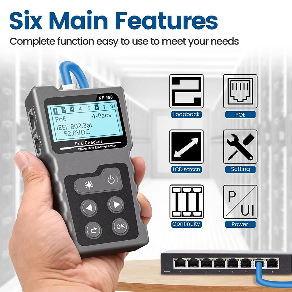 NETWORK CABLE TESTER LAN WIRE METER POE RJ45 ETHERNET VOLTAGE CURRENT TESTER