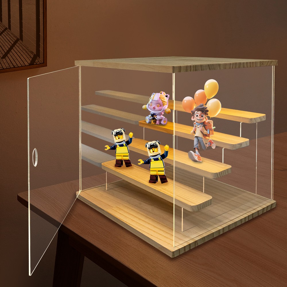 Clear Acrylic Display Case 4 Tier Dustproof Showcase w/LED Light Display Box