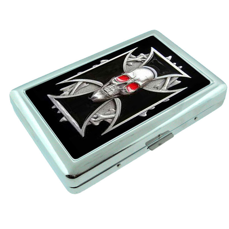 Skull D8 Silver Metal Cigarette Case RFID Protection