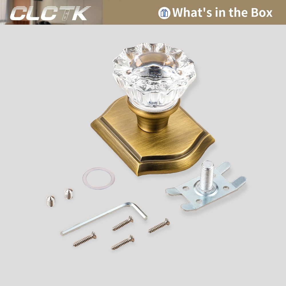 CLCTK 2 Pack Crystal Glass Dummy Door Knobs, (2 Pack), Antique Brass