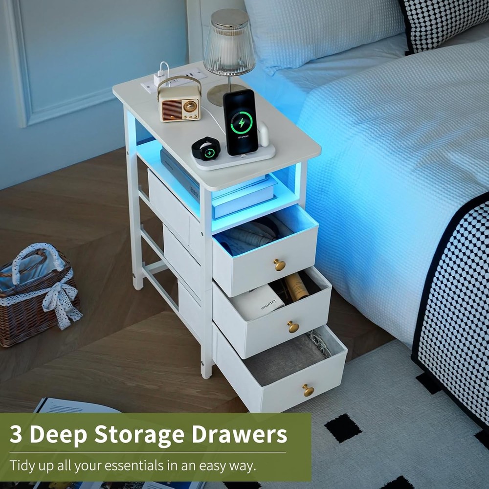 End Table W/ Charging Station LED Narrow Side Table Bedside Table Small Night