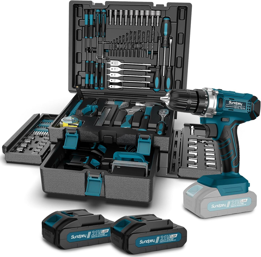Tool Kit with 21V Cordless Drill - 255-Pcs Portable Complete General Basic Home