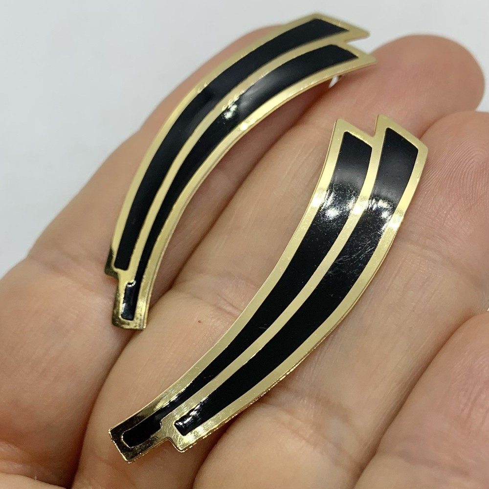 Vtg Black Enamel Geometric Bold Drop Earrings Goldtone Hook Statement Dramatic