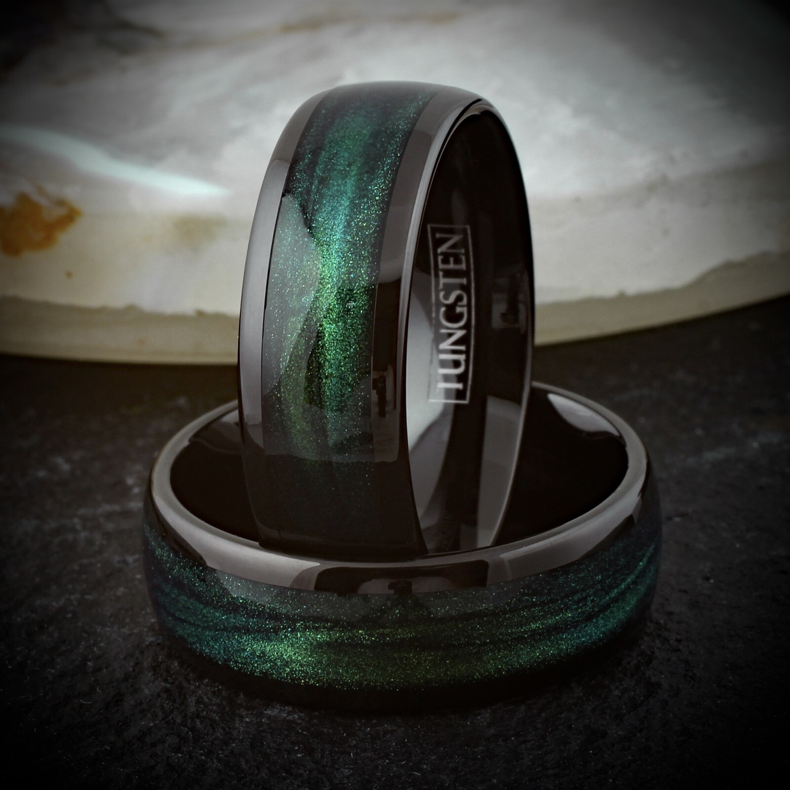 8mm Black Tungsten Carbide Emerald Green Flowing Sand Wedding Band Ring