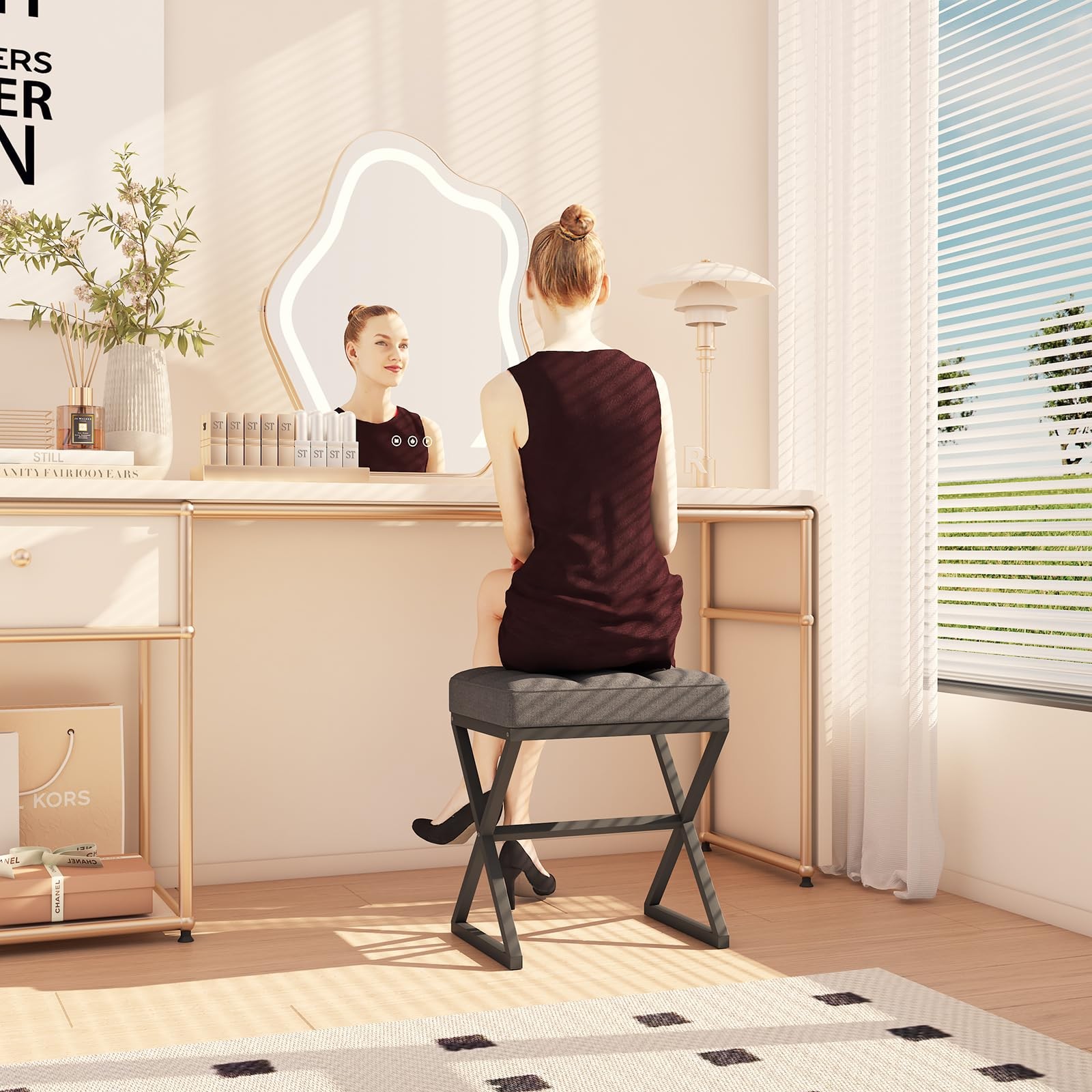 Vanity Stool, Linen Footrest, Ottoman Bench with X-Shaped Metal Legs, Makeup ...