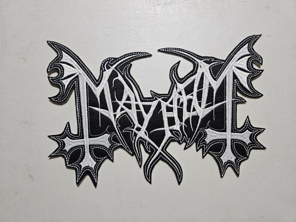 MAYHEM, SEW ON WHITE EMBROIDERED LARGE BACK PATCH