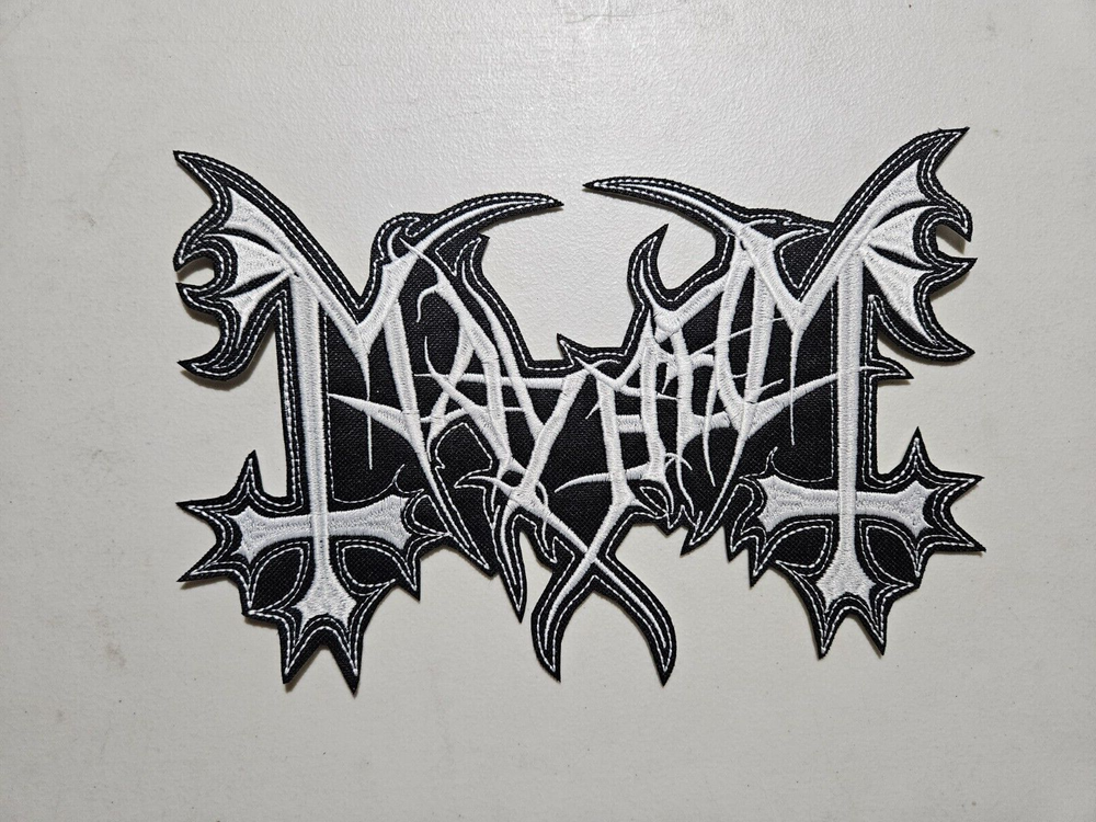 MAYHEM, SEW ON WHITE EMBROIDERED LARGE BACK PATCH