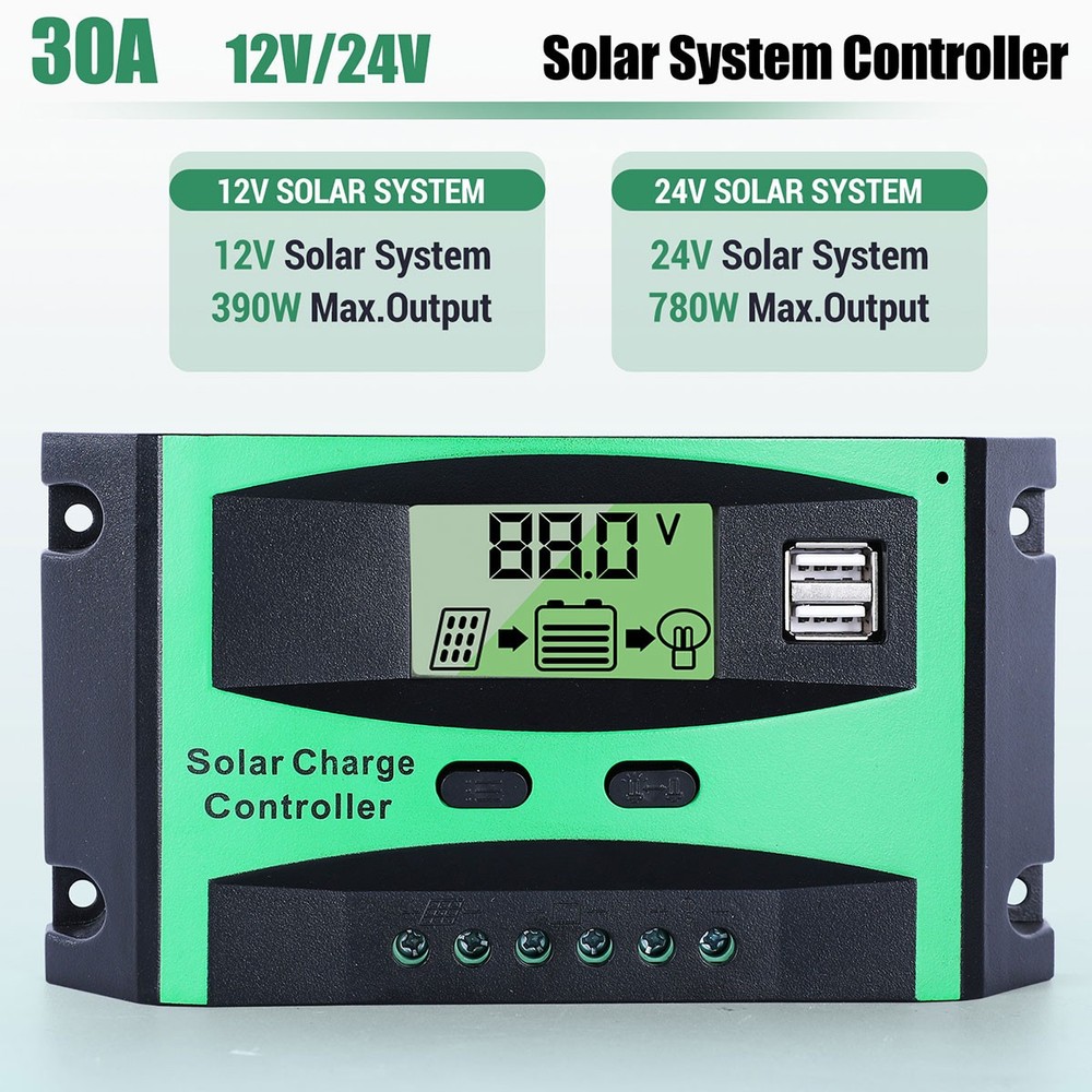 30A PWM Solar Panel Charge Controller Auto Focus Tracking Regulator 12/24V USB