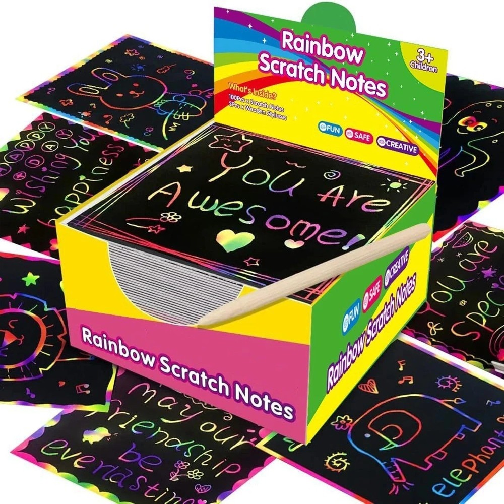100PCS Scratch Art Paper Set Rainbow Magic Scratch-Off Sheets with 2 Stylus