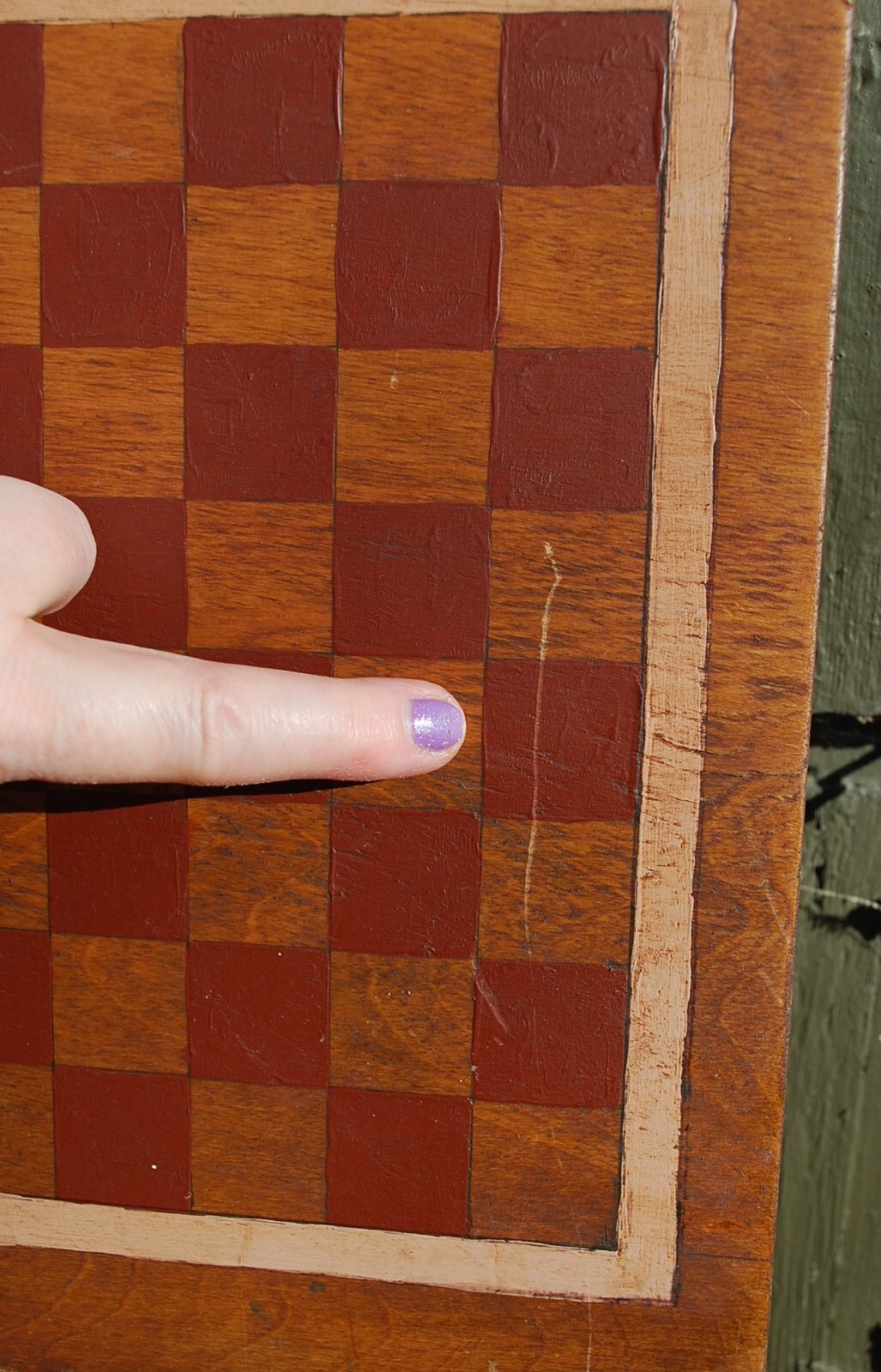 Antique PRIMITIVE HANDMADE Wood Checkerboard Original Paint Game Board 14"