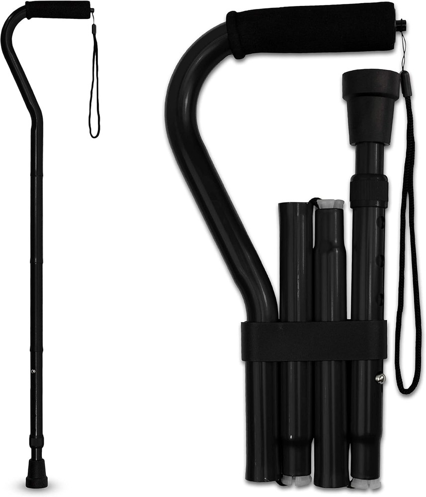RMS Folding Cane with Offset Foam Handle, Adjustable Walking Stick Black