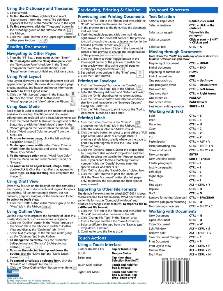 Word 2021 & 365 Training Guide Quick Reference Card Cheat Sheet Instructions