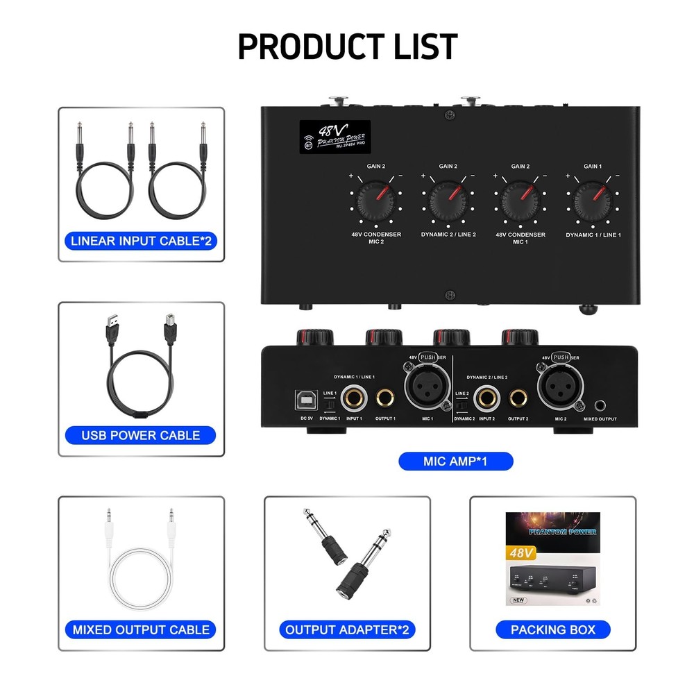 Microphone Preamp Mic Booster 4 Input Max 25db DI Box with 48V Phantom Power ...