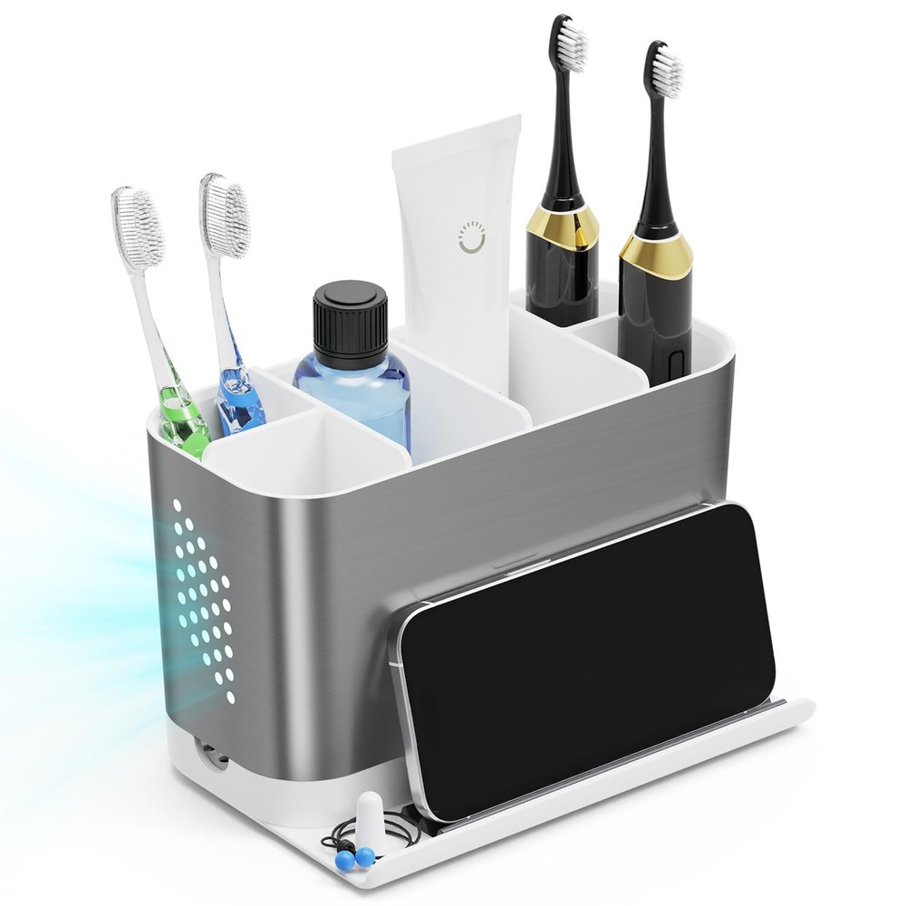 Bathroom Countertop Organizer with Front Ledge for Phone, Detachable Silver