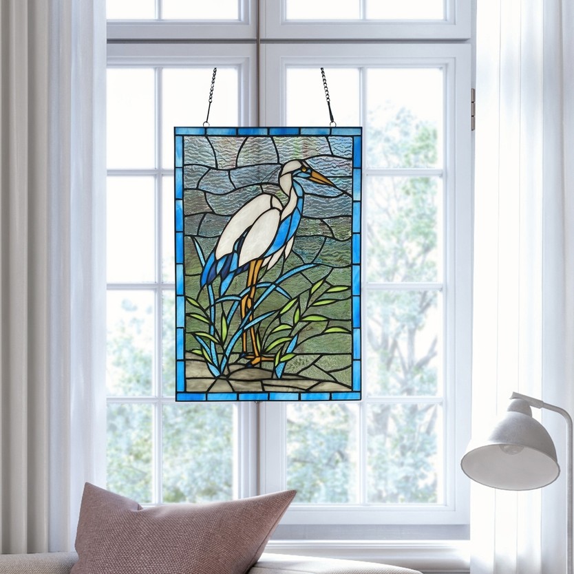 18" White & Blue Crane Stained Glass Window Panel