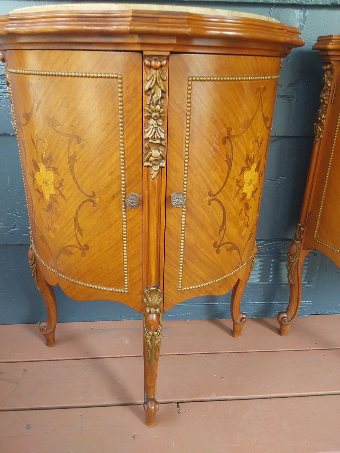 Vintage French Demilune Inlayed Wood End Tables w/Marble Tops 30 Tall X 23" Wide