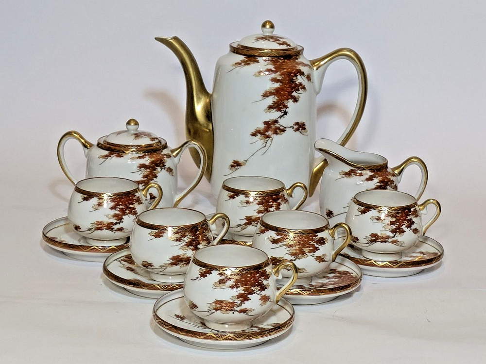 Vintage Kutani Japan Eggshell Porcelain Coffee Pot — Maple Pattern